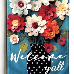 12.5x18 Durable Welcome Y'all Whimsical Floral Polka Dot Vase Floral Garden Flag